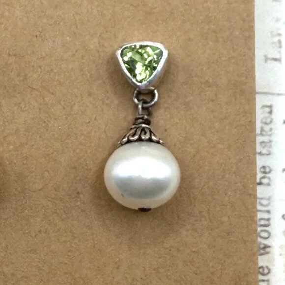 Sterling Silver Green Peridot White Pearl Drop Earrings 925 Pierced Posts - Picture 8 of 9